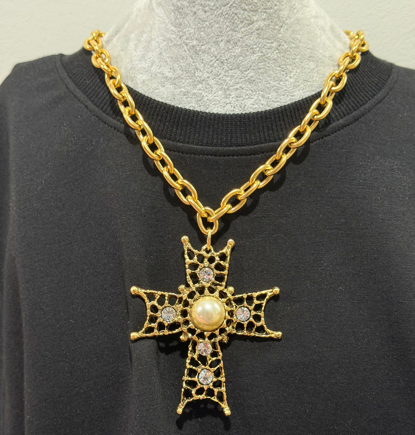 Cross Necklace w/Pearl & Rhinestones