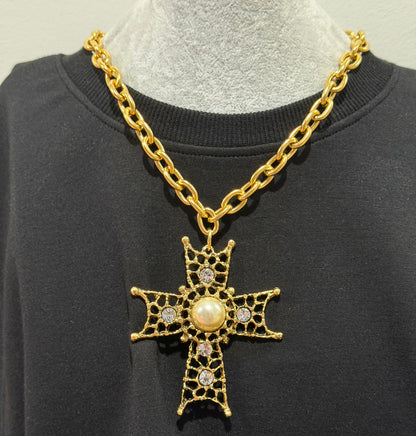 Cross Necklace w/Pearl & Rhinestones