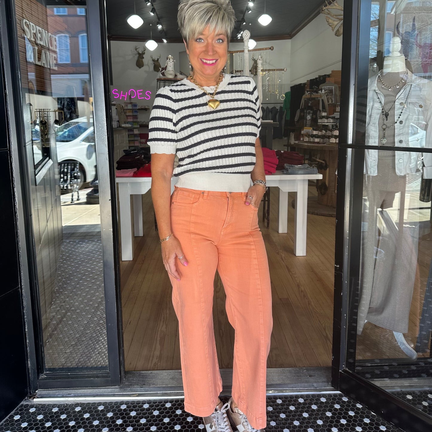 Risen TC- High Rise- Crop Wide Jeans- Coral Peach