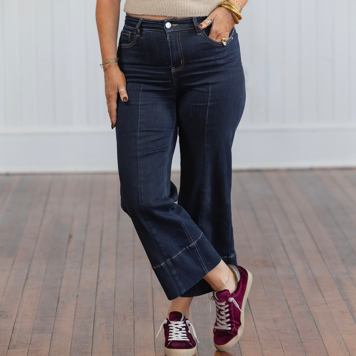 Risen TC HR Crop Wide Seam Detail Jeans - Dark