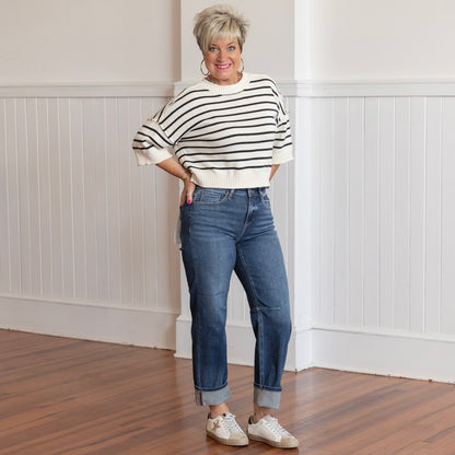 Risen Slouchy Crop Barrel Cuffed Hem Jeans - Dark