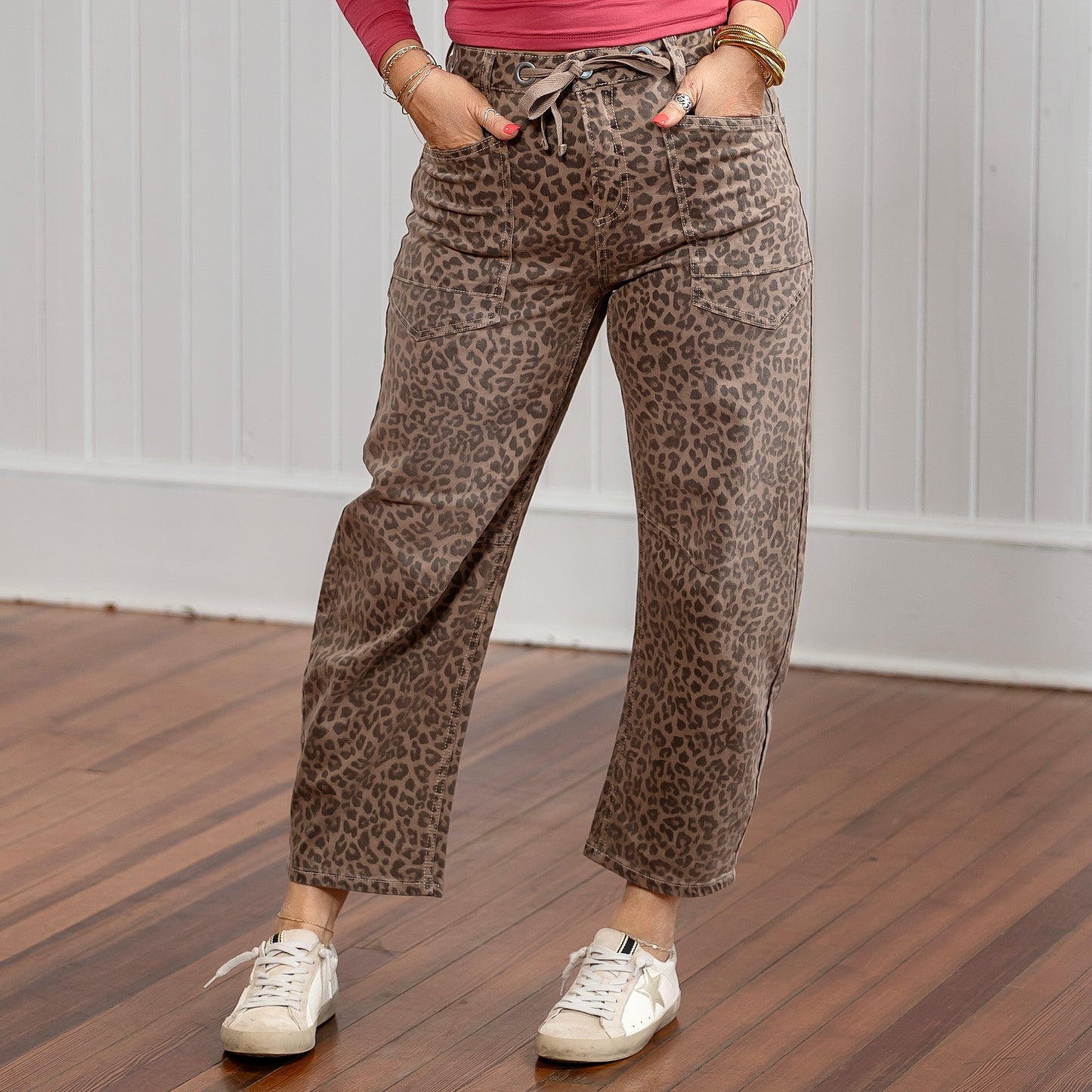 Risen Slouchy Crop Barrel Jeans - Brown Leopard
