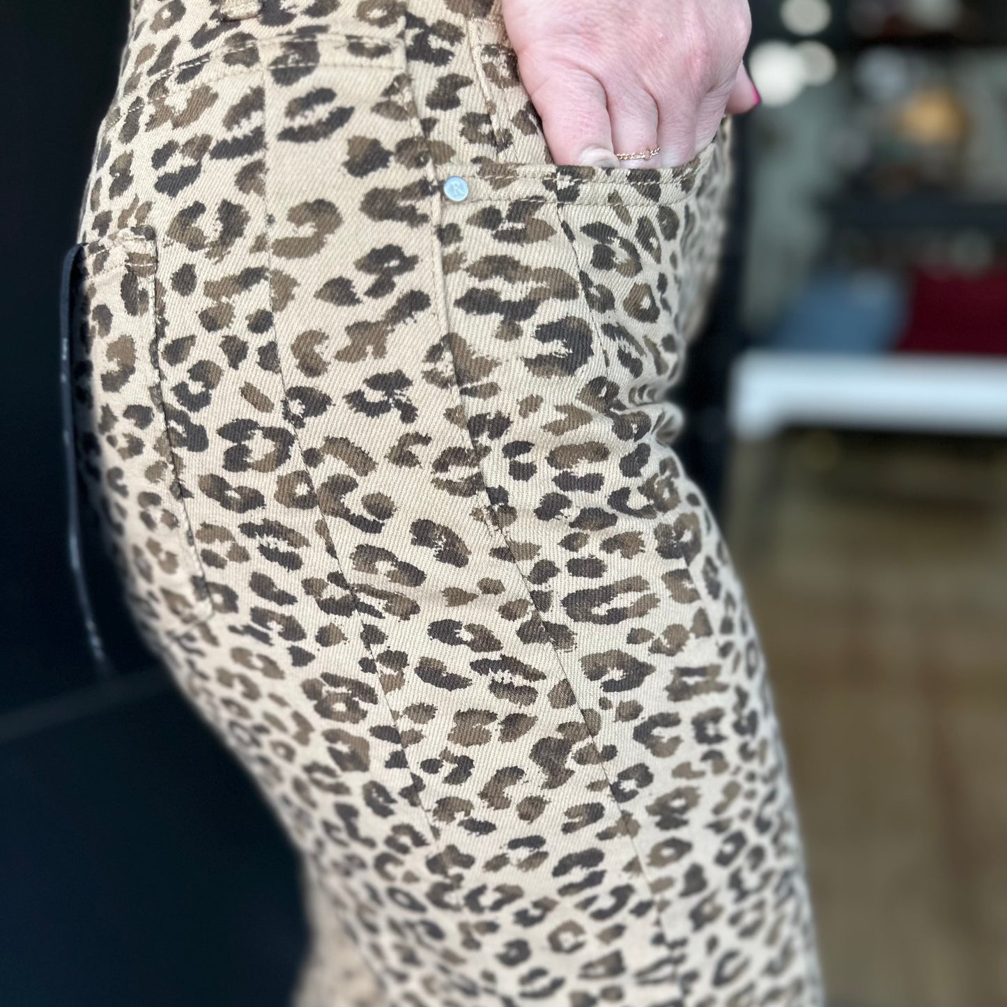 Risen HR Crop Barrel Cuffed Jeans- Leopard