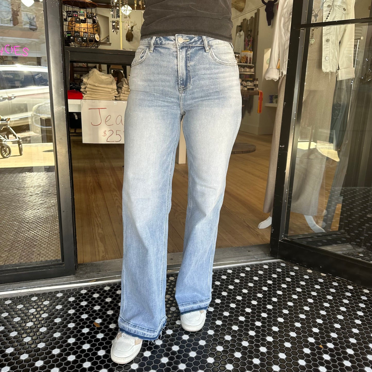 Risen High Rise- Wide Leg- Shadow Hem Jeans- Light