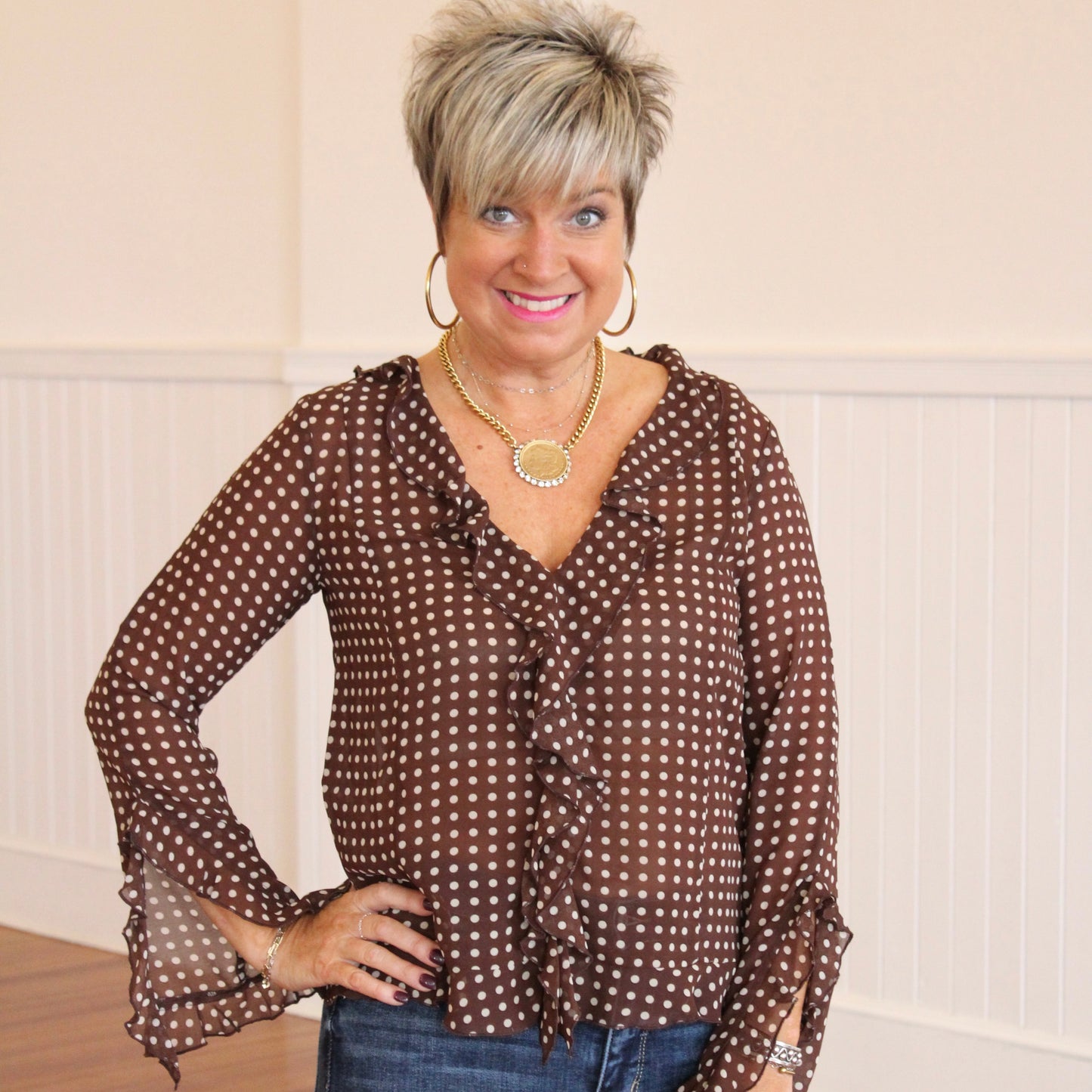 Liza Ruffle Top- Brown Cream