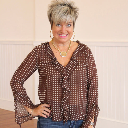 Liza Ruffle Top- Brown Cream