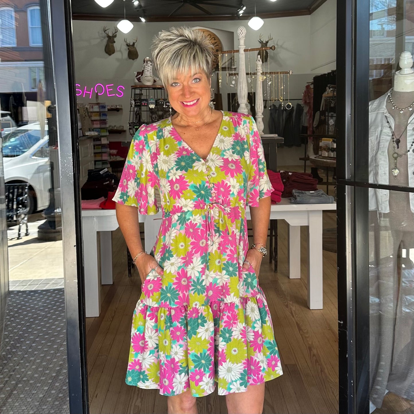 Charleston Bloom Dress - Pink/Green