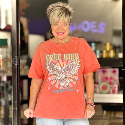 Free Bird Puffed Sleeved Graphic Tee- Coral