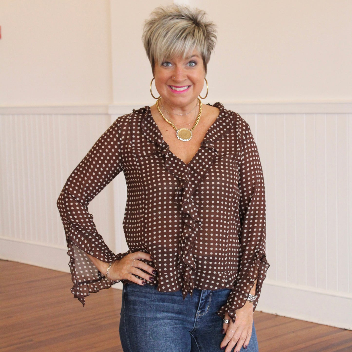 Liza Ruffle Top- Brown Cream