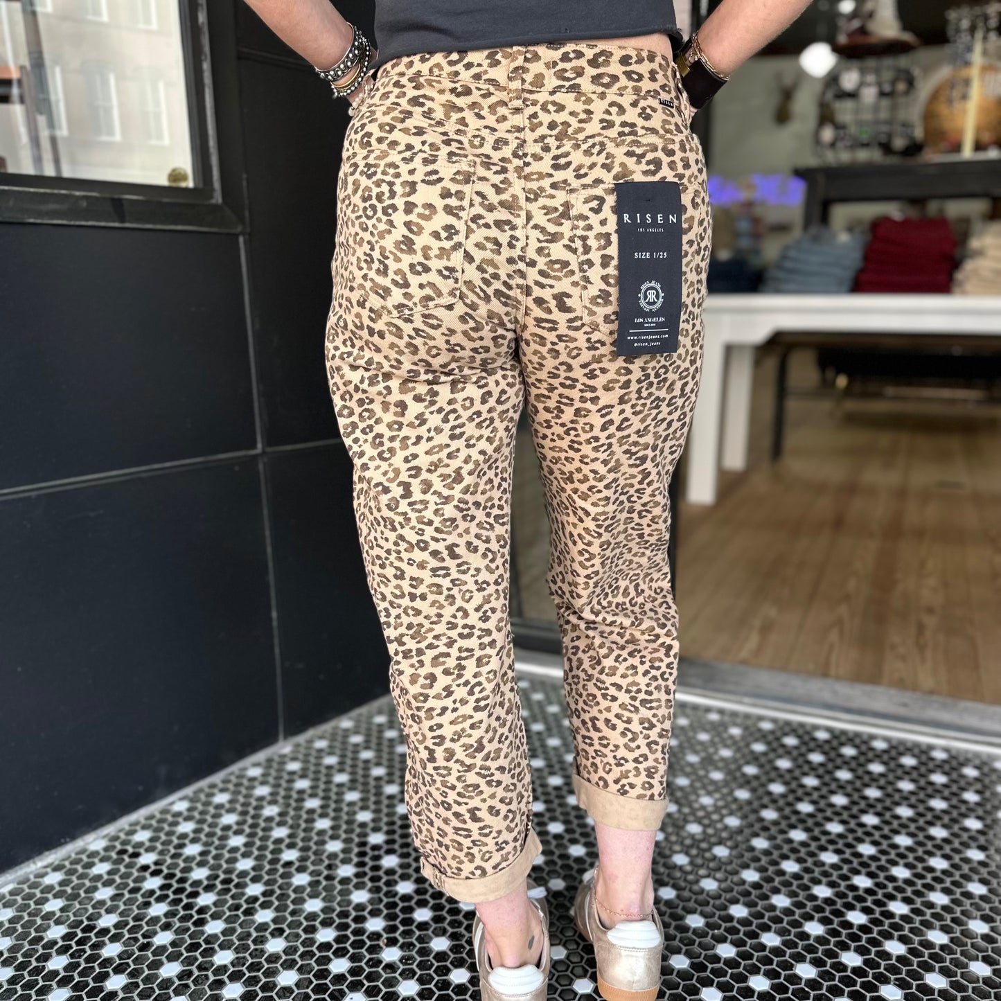 Risen HR Crop Barrel Cuffed Jeans- Leopard
