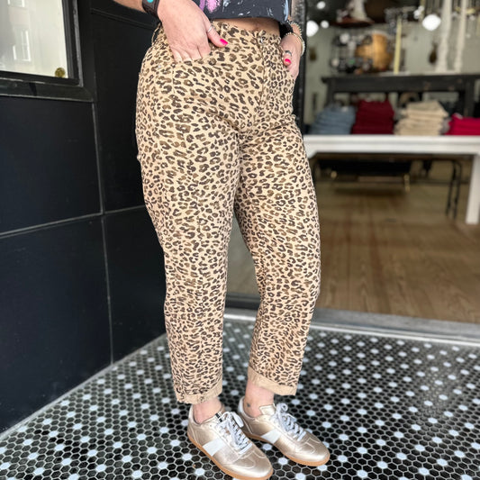 Risen HR Crop Barrel Cuffed Jeans- Leopard