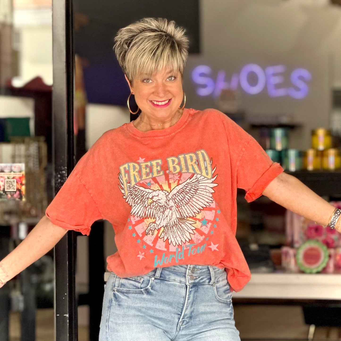 Free Bird Puffed Sleeved Graphic Tee- Coral
