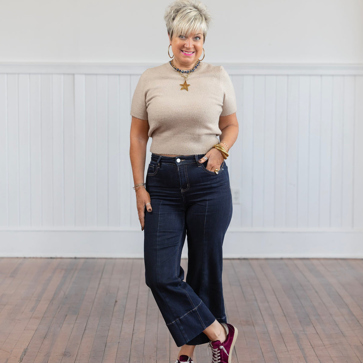 Risen TC HR Crop Wide Seam Detail Jeans - Dark