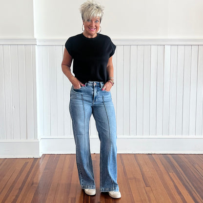 Risen High Waist Wide Leg Pintuck Jeans - Medium