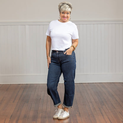 Risen Crop Barrel Texture Jeans - Dark