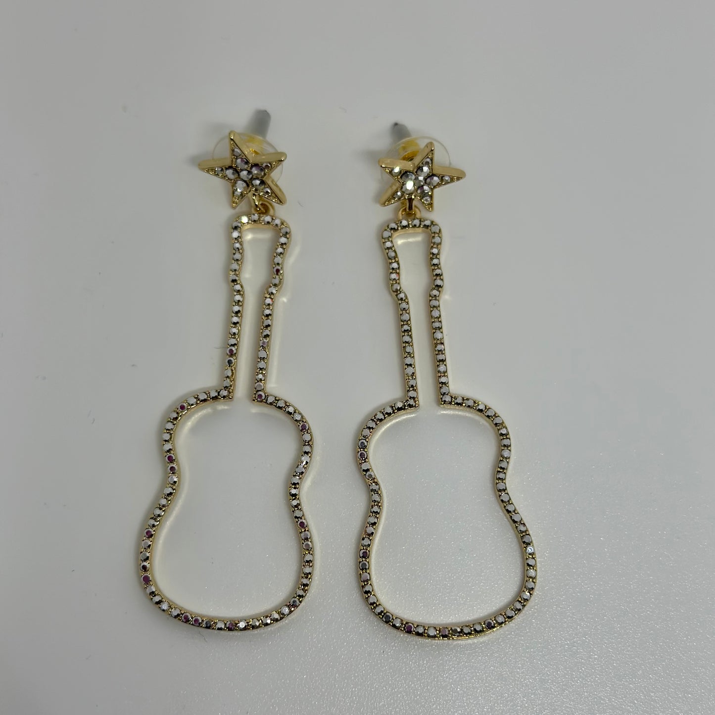 Crystal Hollow Guitar Earrings- Gold/Clear