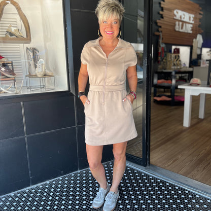 Scuba Luxe Half-Zip Mini Dress - Taupe