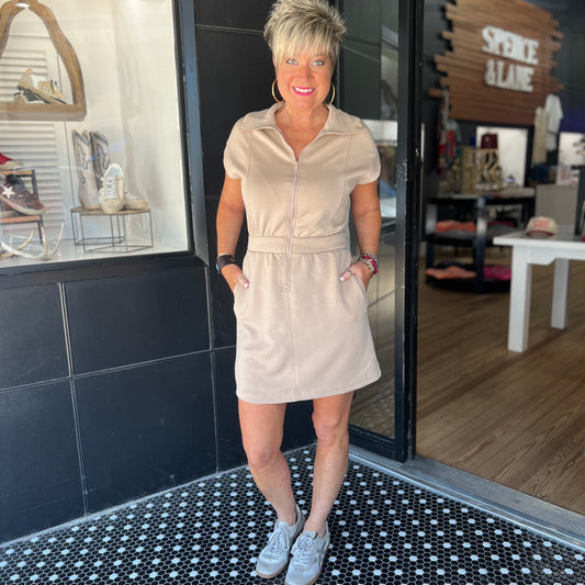 Scuba Luxe Half-Zip Mini Dress - Taupe