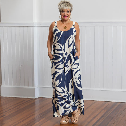 Aloha Jumpsuit - Navy & Cream