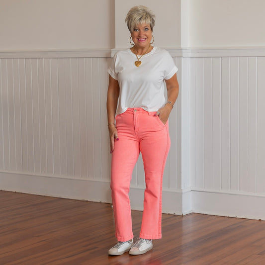 Risen HR Ankle Straight Twill Pants - Coral Pink