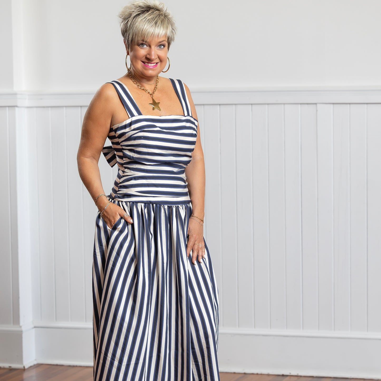 Georgie Gathered Dress - Navy Stripe
