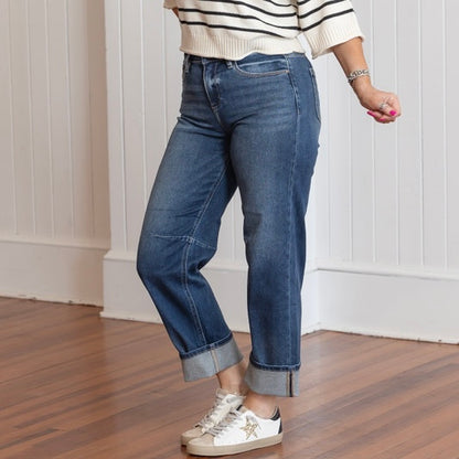 Risen Slouchy Crop Barrel Cuffed Hem Jeans - Dark