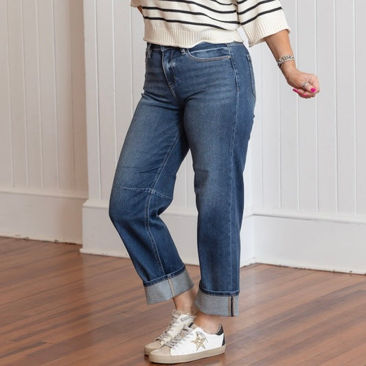 Risen Slouchy Crop Barrel Cuffed Hem Jeans - Dark