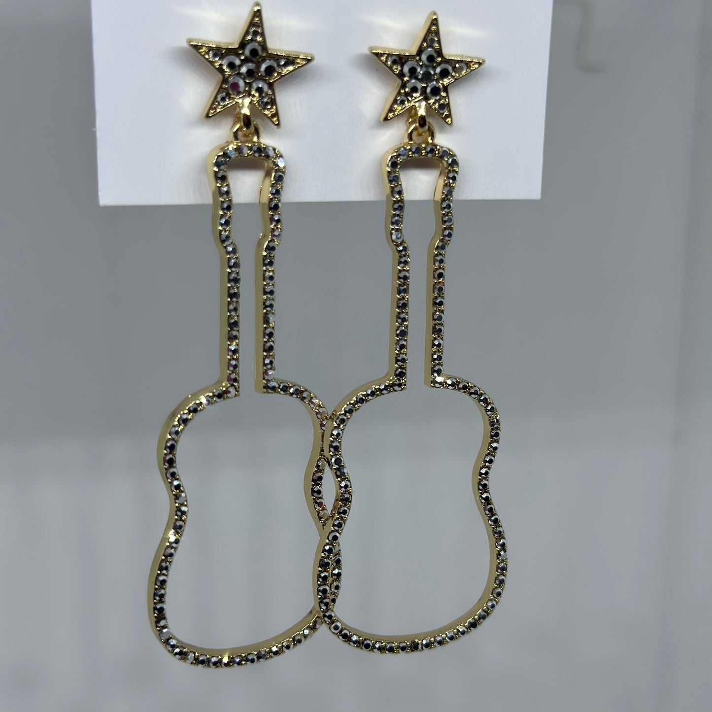 Crystal Hollow Guitar Earrings- Gold/Clear