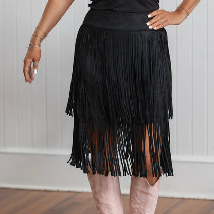 Cowgirl Up Fringe Skirt - Black