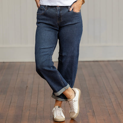 Risen Crop Barrel Texture Jeans - Dark