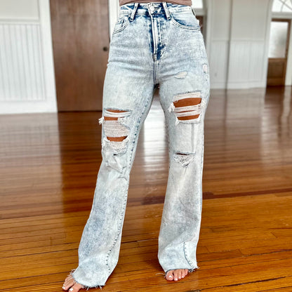 Risen High Rise Wide Leg Jeans - Acid Wash