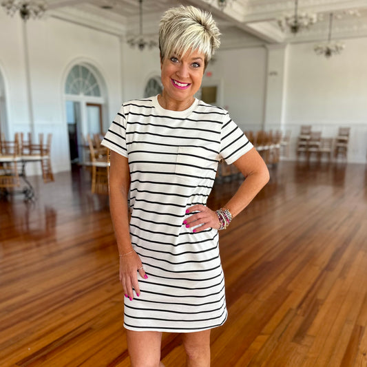 Raiya Dress- Off White/Black Stripes