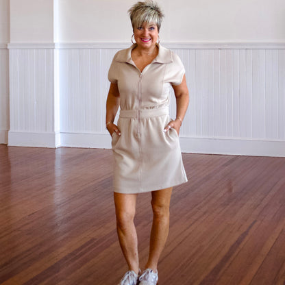 Scuba Luxe Half-Zip Mini Dress - Taupe