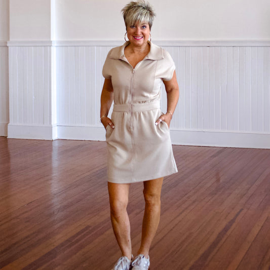 Scuba Luxe Half-Zip Mini Dress - Taupe