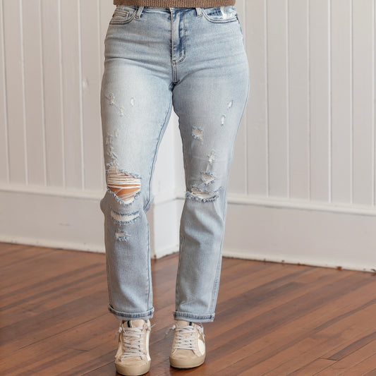 Judy Blue HW Stitch Detail Destroy Boyfriend Jeans - Light