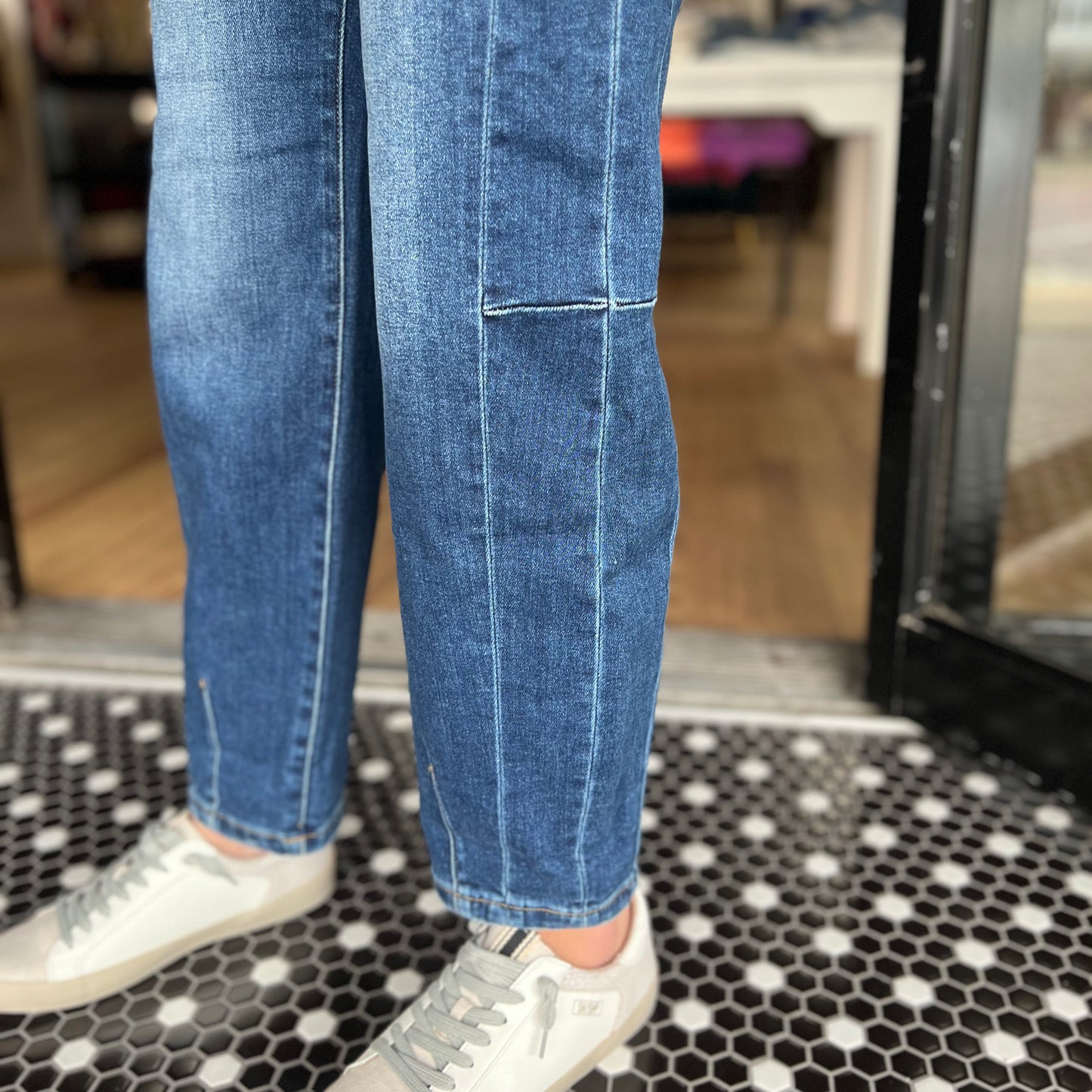 Risen High-Rise Barrel Jeans- Dark