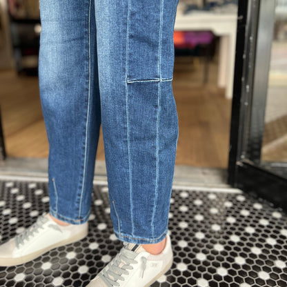 Risen High-Rise Barrel Jeans- Dark