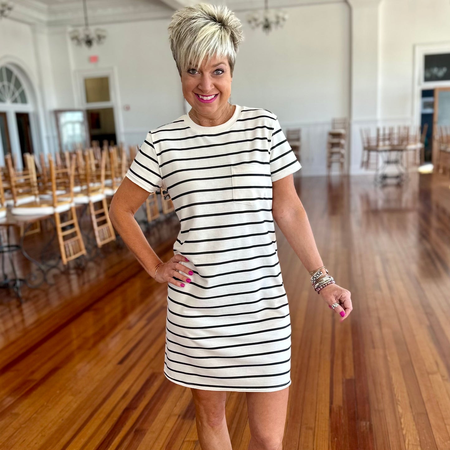Raiya Dress- Off White/Black Stripes