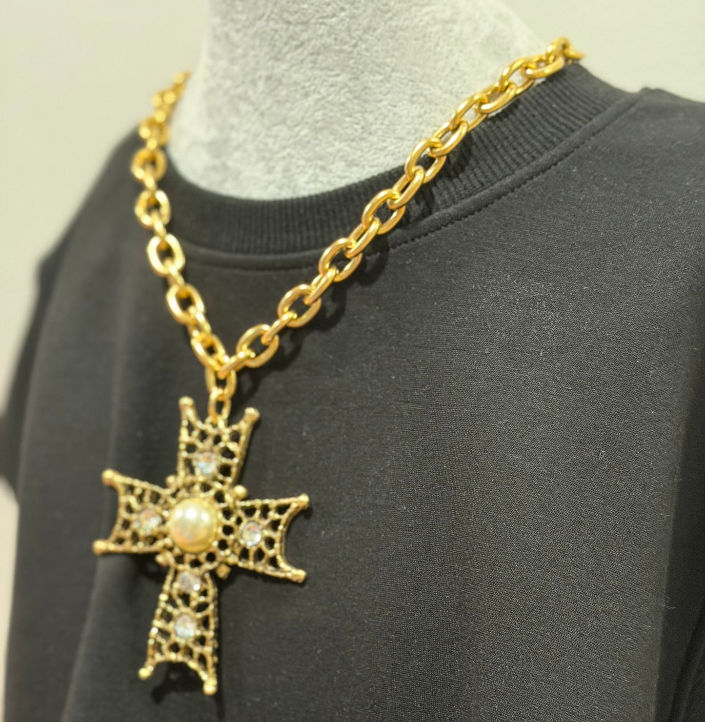 Cross Necklace w/Pearl & Rhinestones