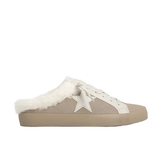 Beige slip-on sneaker with white fur lining on a white background