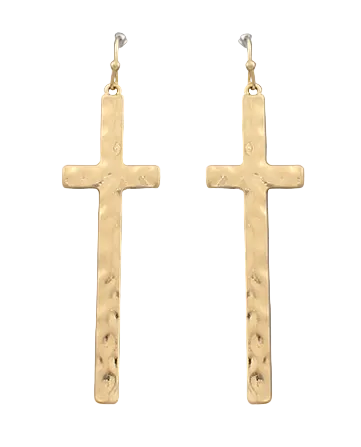 Hammered Cross Earrings - Worn Gold