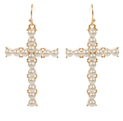 50MM Pearl Cross Drop Earrings - Cream/Gold