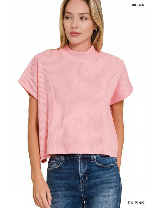 Mock Neck Short Sleeve Cropped Sweater - Pink