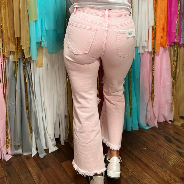 A Risen High Rise Knee Distressed Jeans - Pink