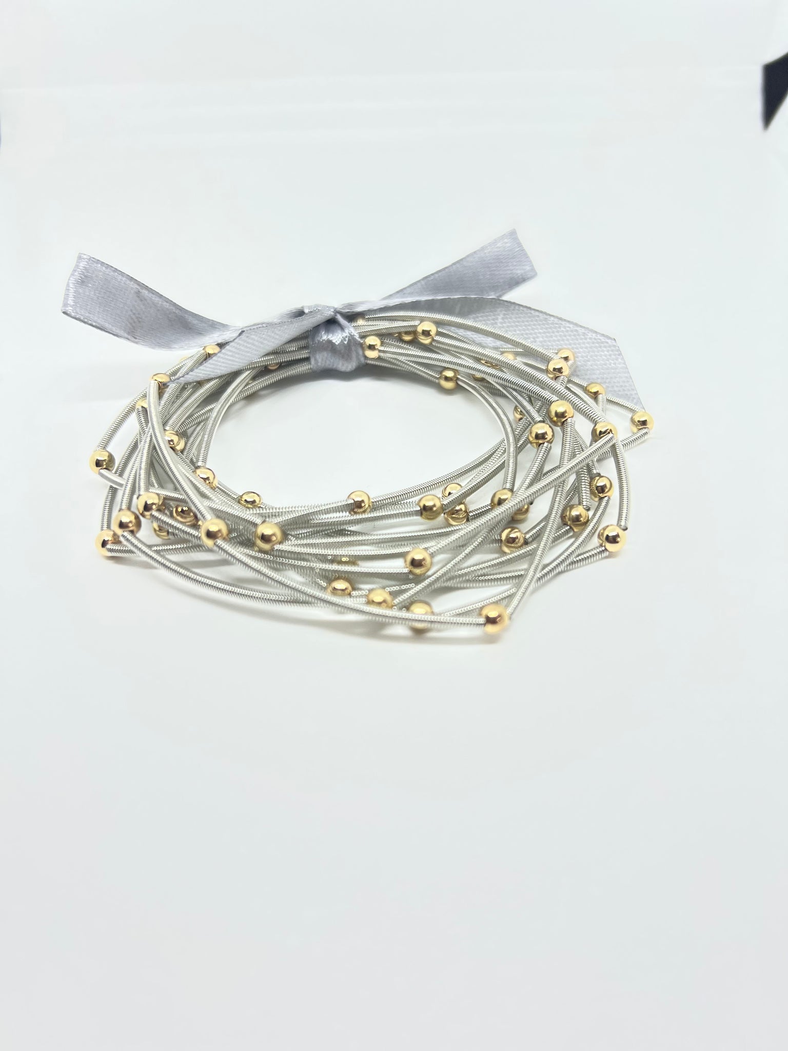A Ball Bead Spring Wire Bracelet Set - Rhodium/Gold
