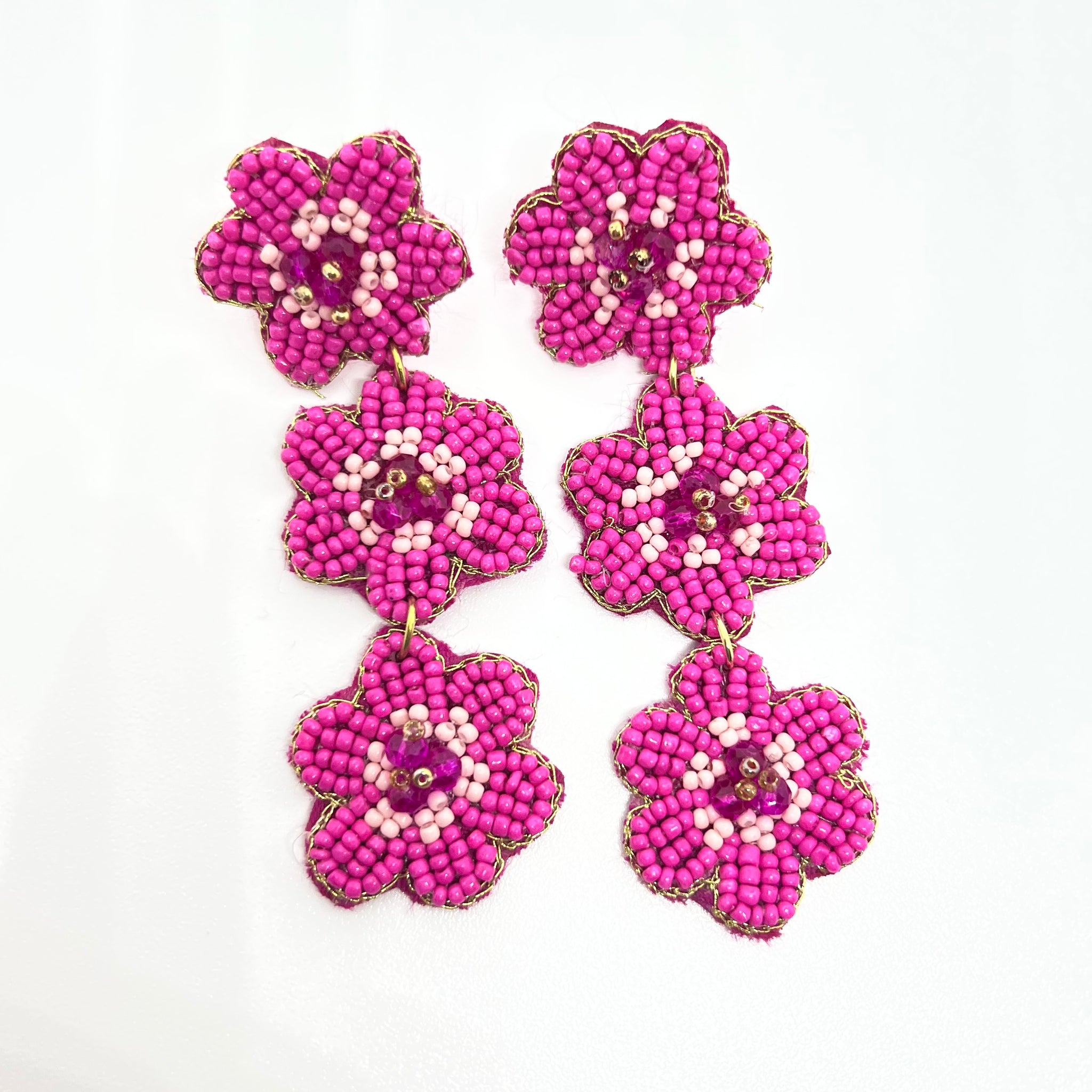 3 Flower Drop Earring - Fuchsia