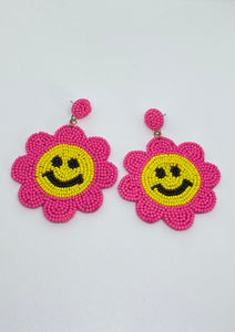 Smiley Face Flower Bead Earrings - Neon Pink