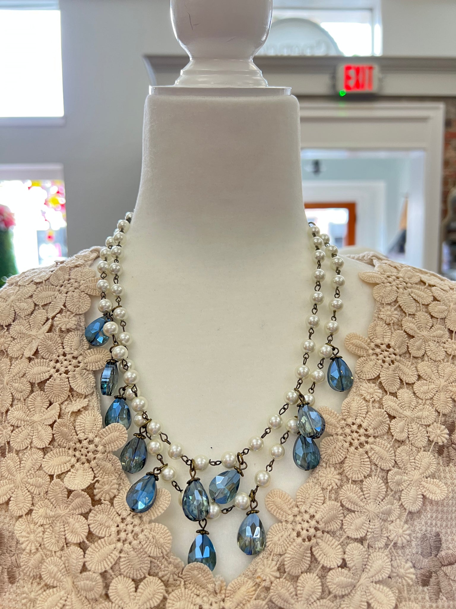 A Pearl/Gem Double Drop Necklace
