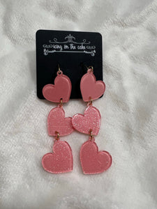 3 Heart Drop Earrings - Pink