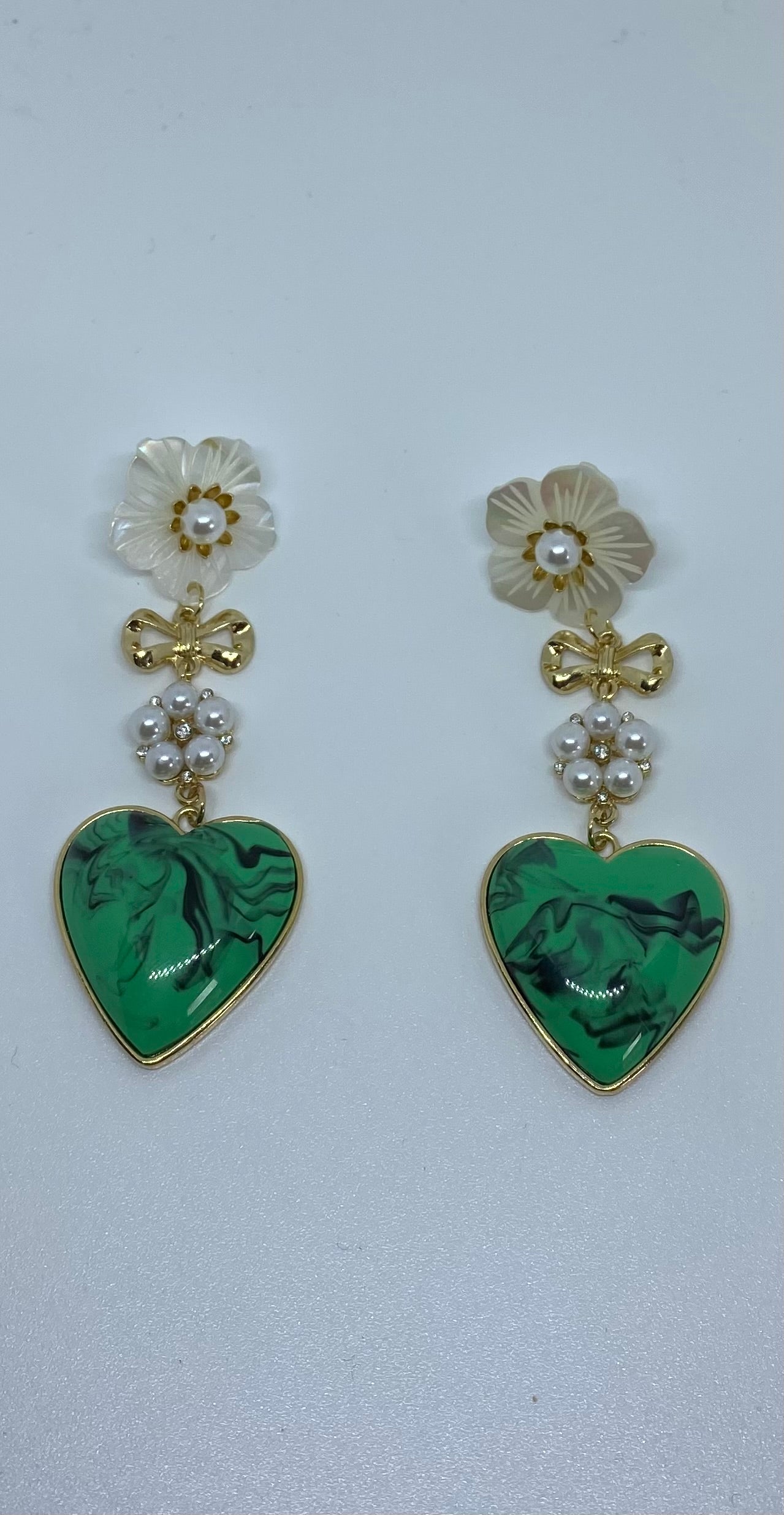 Flower & Heart Drop Earrings - Green/Gold